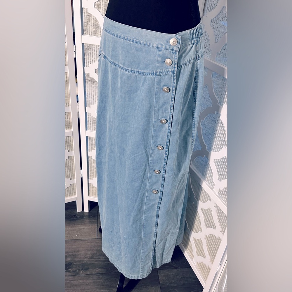 XL LAFEI-NIER COTTON LONG SKIRT DENIM JEAN CHAMBRAY BEADED BLUE SOFT BOHO - Picture 3 of 15
